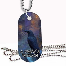 Listing image for A Crow's Wisdom Dog Tag Necklace Bird Folklore Mythology Military Style Dog Tag