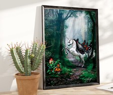 Listing image for Grey Arabian Horse Unicorn Art Print Enchanted Magical Forest Majestic Wall Art