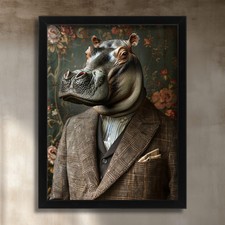 Listing image for Gentleman Hippo Wall Art Print Vintage Hippopotamus In A Suit Animal Portrait
