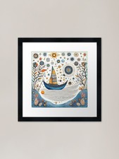 Listing image for a boat in the river in Boho folk ar Framed Wall Art Poster Canvas Print Picture