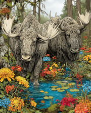 Listing image for 8x10 Pair of Moose in Wetland Pond Wildlife Art Print - 410104950