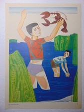 Listing image for Original Soviet Poster Ukraine Folk art Boys Catching Crayfish River Scene Natur