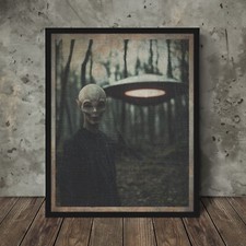 Listing image for Vintage UFO Alien Nature Wall Art, Sci-fi Halloween Decor, Cryptid Forest Poster