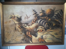 Listing image for Framed Signed Desert Camel Caravan Painting Wall Art with People Scene