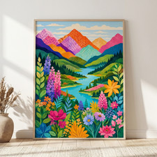 Listing image for Colorful Mountain River Landscape Poster Wildflower Folk Art Nature Wall Print