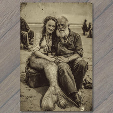 Listing image for Art Print Mermaid Fisherman Beach Portrait Surreal Myth Folklore Ocean Romance