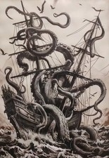 Listing image for Beware the Kraken / Giant Squid / Sea Monster. Great Old Image on Canvas. UK utb