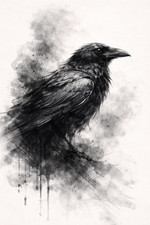 Listing image for Raven Monochrome Ink Forest Guardian Poster Print Framed Canvas Wall Art
