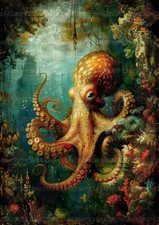 Listing image for Octopus Underwater Art Print, Whimsical Sea Creature Decor, Nautical Fantasy Q67