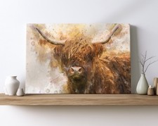 Listing image for Highland Cow Canvas Wall Art Print Framed Wildlife Watercolour Style Picture 1