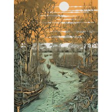 Listing image for Mangrove Forest Swamp Landscape Linocut Style Huge Wall Art Poster Print Giant