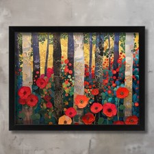 Listing image for Klimt Style Forest Art Print Red Poppies Wall Art Woodland Landscape Lounge Art