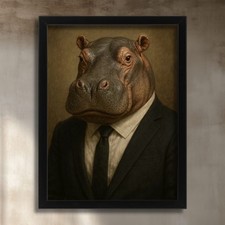 Listing image for Gentleman Hippo Wall Art Print Vintage Hippopotamus In A Suit Animal Portrait