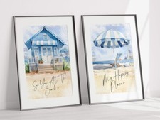 Listing image for Retro Beach Huts Print Picture Wall Art Home Nautical Beach Decor Home UNFRAMED