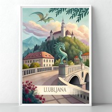 Listing image for Ljubljana Slovenia Travel Poster - Dragon Bridge and Castle Art Print