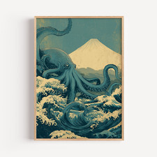 Listing image for Kraken Octopus Print Poster Wall Art – Nautical Sea Monster Japanese Wave Style