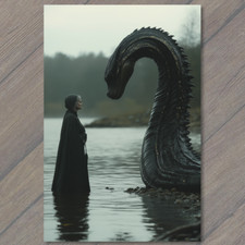 Listing image for Art Print Loch Ness Creature Lady in Mysterious Misty Lake Serene Fog Fantasy