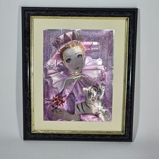 Listing image for Vintage Foil Art Print Harlequin Girl with Tiger Cub Framed Wall Picture