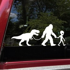 Listing image for T Rex Bigfoot Alien Vinyl Sticker Decal Cryptid UFO Adventure Scene Sasquatch