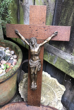 Listing image for Crucifix Antique 1920s French bronze & oak wall cross Art Deco monastery chapel